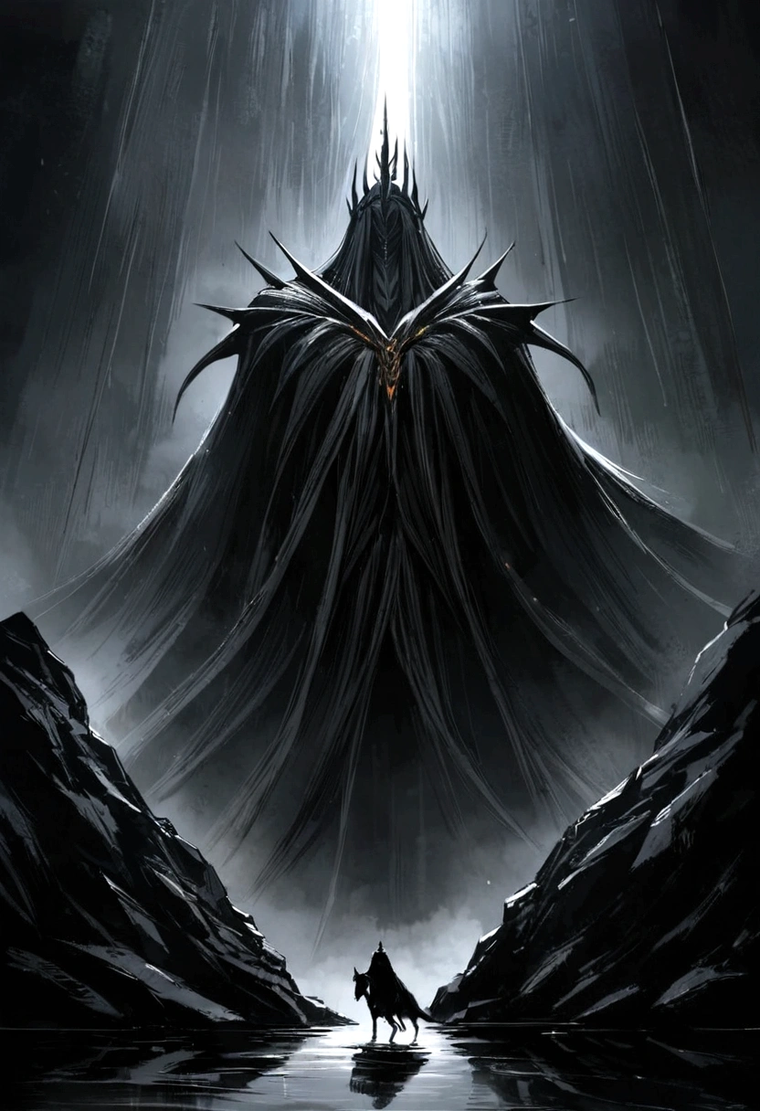 sculpture os a dwaven from lord of the ring universe, in black rock, the dwaven is taking a gift from Witch King
