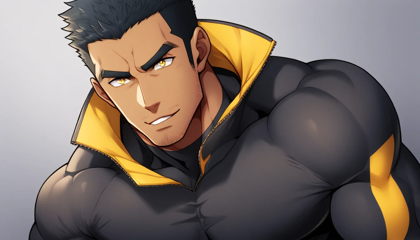 anime characters:Gyee, Muscle Sports Student, negro black skin, 1 dark skin muscular tough guy, Manliness, male focus, Light yellow high collar long sleeve tight T-shirt, Slightly transparent material, Very tight, Round, full and perky chest muscles, Slightly transparent, muscular male, muscular, only, Upper body, alone, Black short hair, Thick eyebrows, stubble, Yellow eyes, Grey background, simple background, amazing quality, best aesthetics, Ridiculous, bright pupils, crew cut, parted lips, seductive smile, torogao, naughty face, drop shadow, best quality