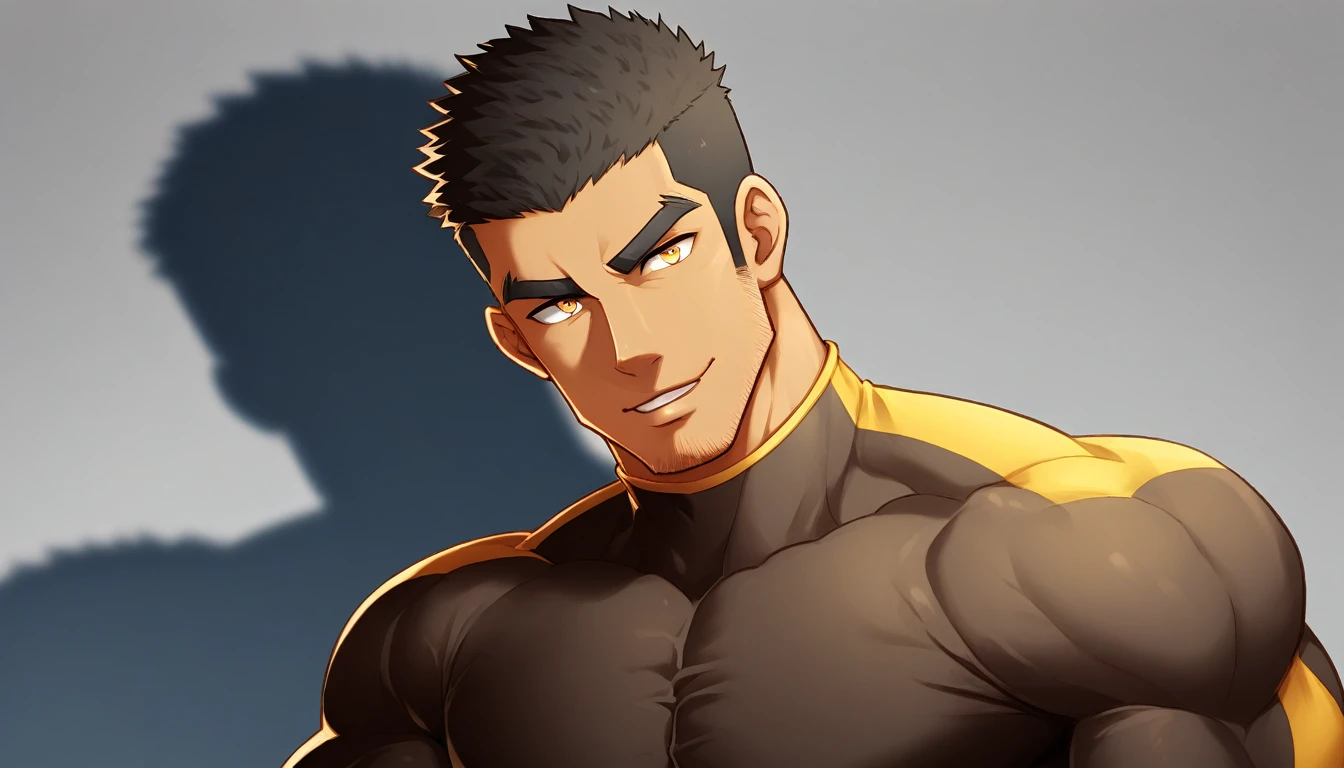 anime characters：Gyee, Muscle Sports Student, negro black skin, 1 dark skin muscular tough guy, Manliness, male focus, Light yellow high collar long sleeve tight T-shirt, Slightly transparent material, Very tight, Round, full and perky chest muscles, Slightly transparent, muscular male, muscular, only, Upper body, alone, Black short hair, Thick eyebrows, stubble, Yellow eyes, Grey background, simple background, amazing quality, best aesthetics, Ridiculous, bright pupils, crew cut, parted lips, seductive smile, torogao, naughty face, drop shadow, best quality
