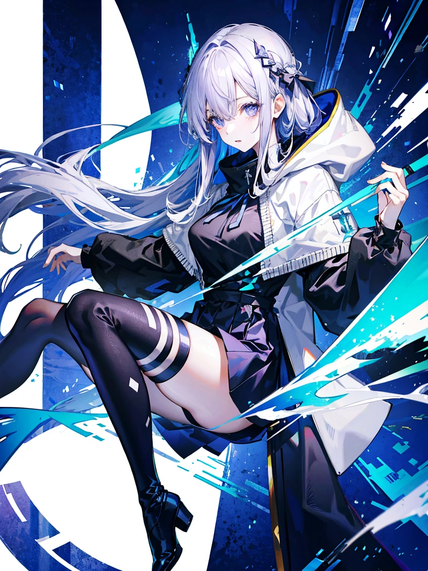 (Fine and beautiful eyes)、long hair,Long, blue-gray hair,Two moles under the eyes,Beautiful purple eyes,Detailed eyes,Detailed face,Large breasts,Black Hoodie、Thin legs,Long black boots、High resolution eyes、Jewel-like eyes、Straight Hair、Minimally revealing clothing、Short, oversized black shorts、Extreme Detail、High resolution、Shining Eyes