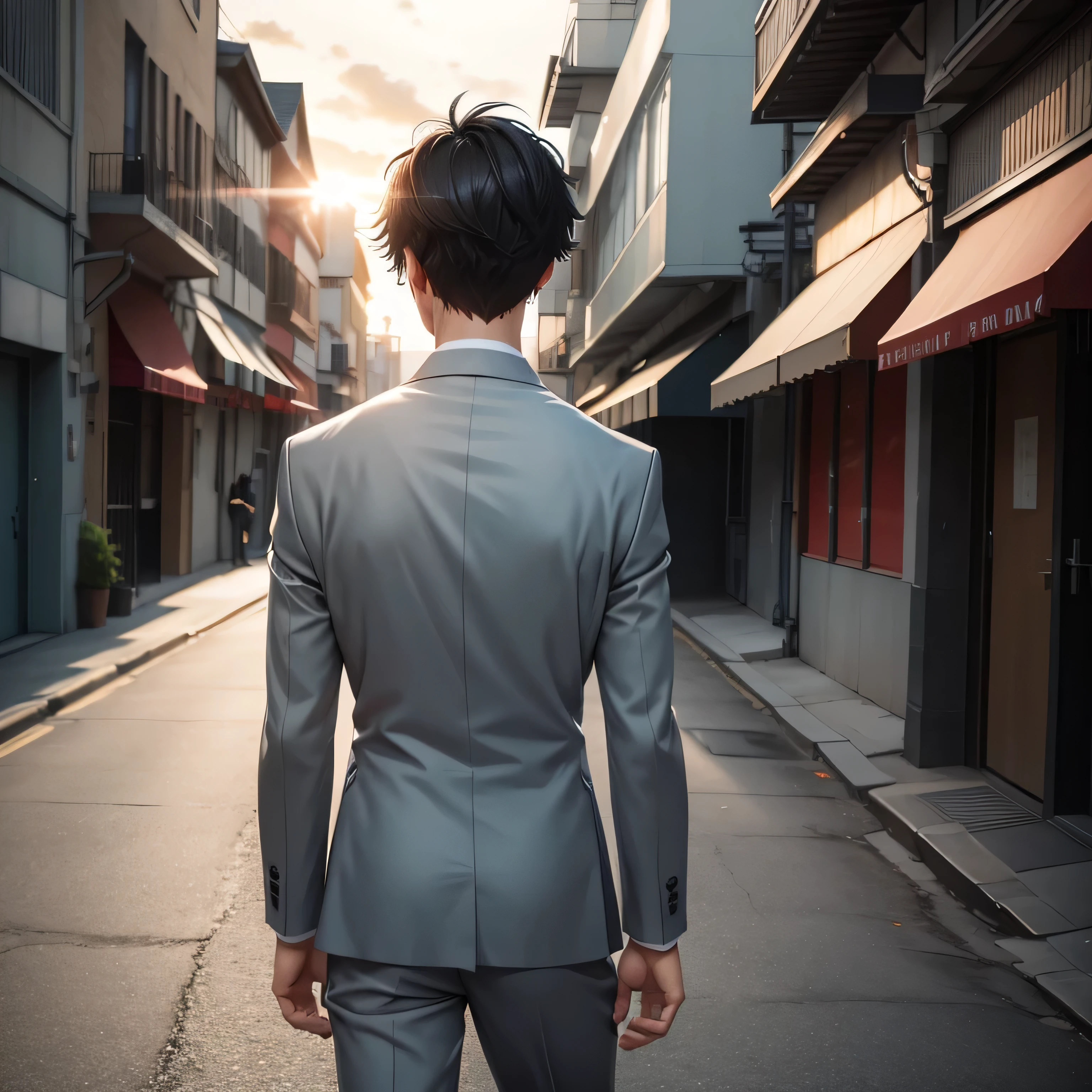Anime style, Realistic Anime style, 1boy, short black hair, light blue eyes, wearing all grey suits, street, sunset, high res, ultrasharp, 8k, masterpiece, looking at viewer from behind