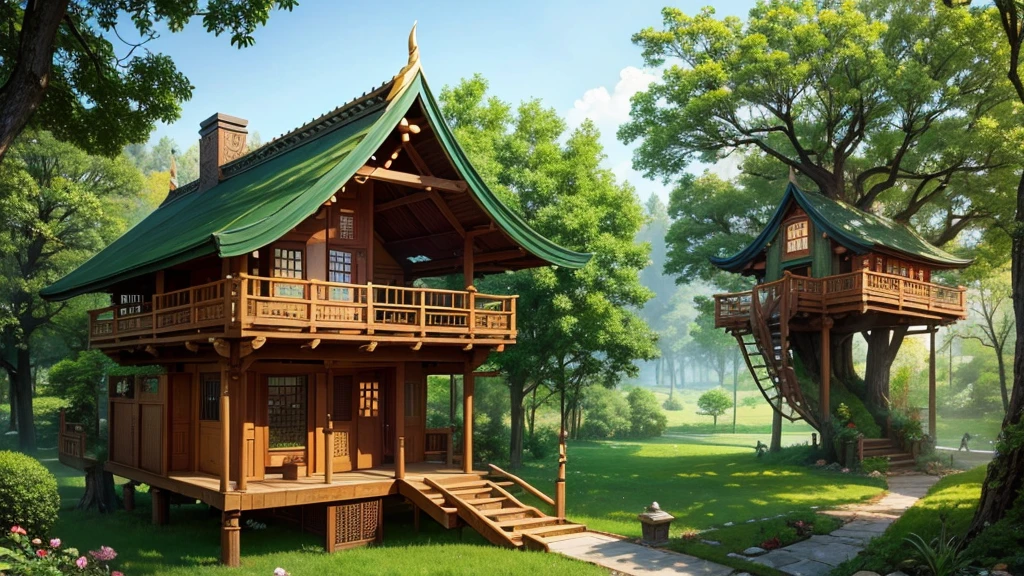 Elven tree house with a mixture of Asian aesthetic