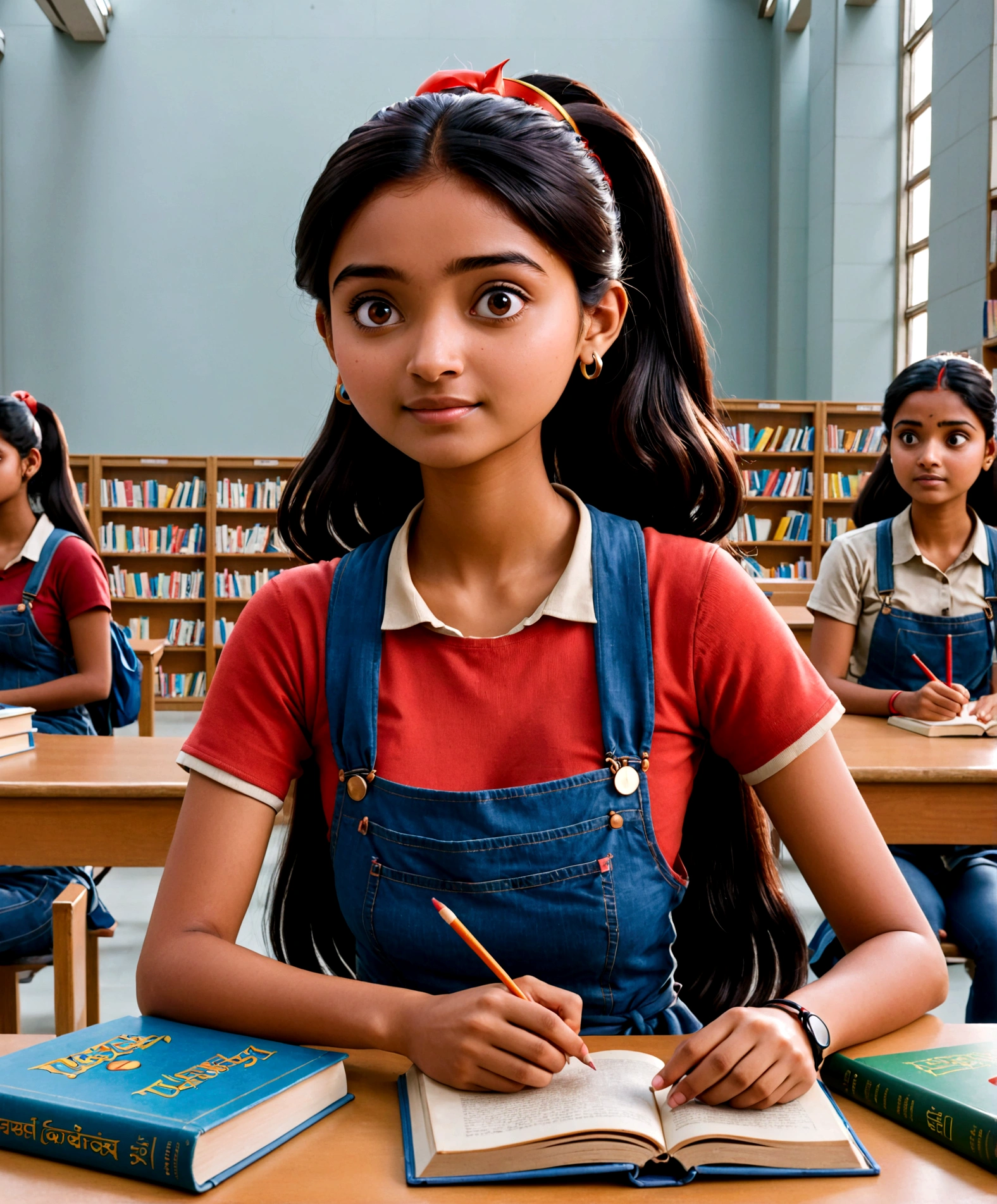 A quiet university library in Dhaka with shelves of books and students studying. A 20-year-old Bangladeshi girl with long black hair tied in a ponytail is sitting at a table with her books spread out, deeply focused on her studies. Pixar style. Pixar character.