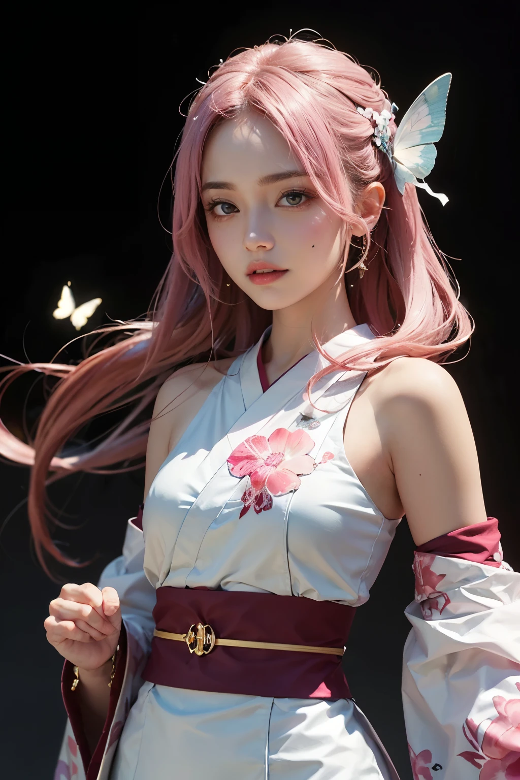 Generate a detailed and high-resolution image of Mitsuri Kanroji from the anime series Demon Slayer. Mitsuri should be depicted in a frontal view, showcasing her face features and body. Her face should be framed by her long, wavy pink hair with a gradient from pink to white, parted in the middle and cascading down her shoulders. Mitsuri's eyes should be large and expressive, with a warm and inviting gaze. She should have a small, delicate nose and full, soft lips with a gentle smile. Please emphasize her unique feature, the heart-shaped birthmark on her cheek. Mitsuri's body should be depicted with graceful curves and feminine proportions, wearing her iconic Demon Slayer Corps uniform consisting of a black and white trimmed haori with a pink and white butterfly pattern, a white obi belt, and a pink and white kimono