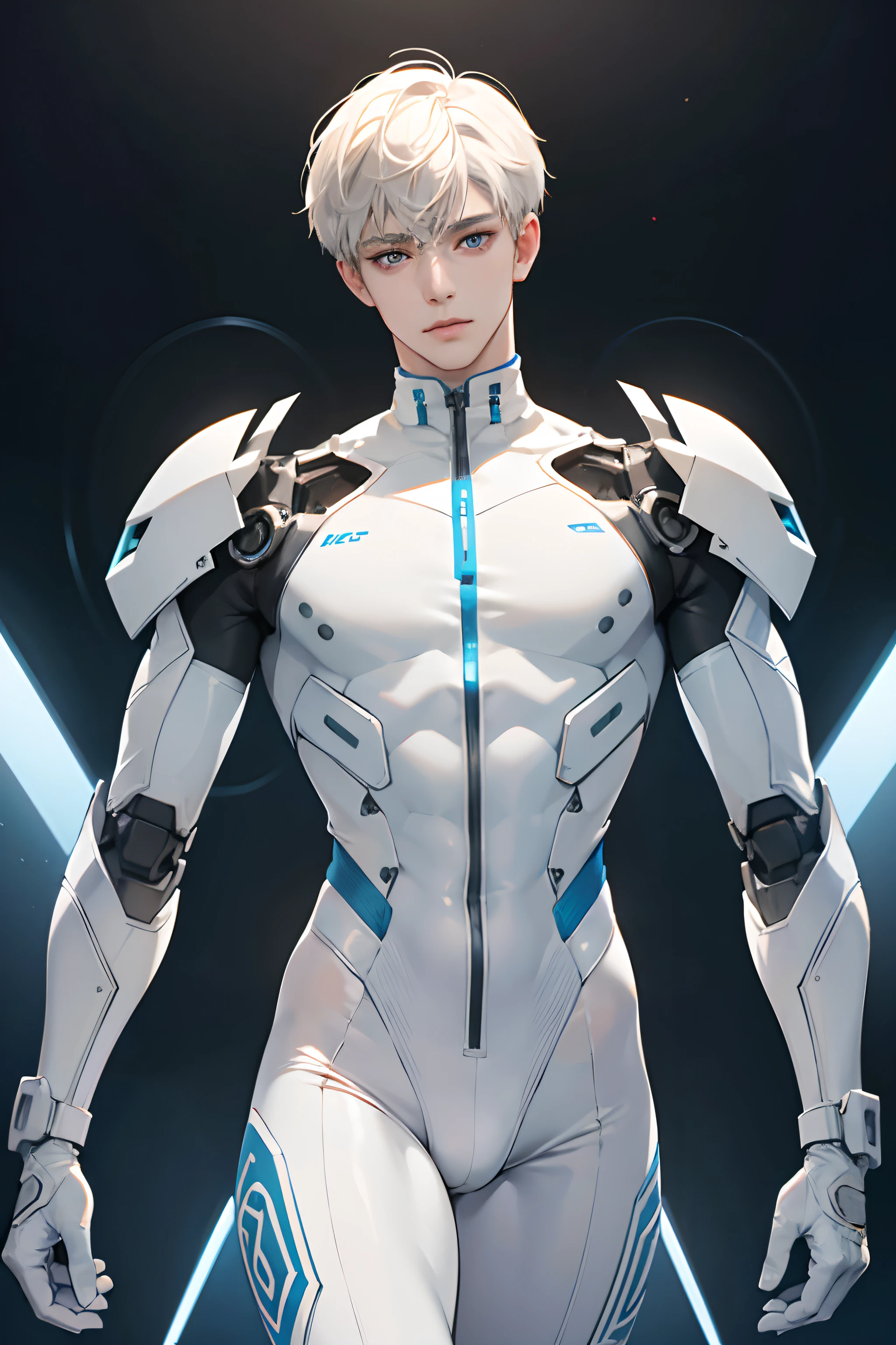 (Masterpiece,high resolution,Very detailed:1.0),1(boy,robot boy),Perfect male body,Look at the camera,Delicate eyes and delicate face,CG ที่Very detailed,unity wallpaper 8k,complicated details,Solo person,detailed face, (white of the future skin tight body suit), (of the future), (The body is toned and convex.) color difference, depth of field,Stunning shadow,Ray tracing,best quality, Can see hands, (white gloves), two men