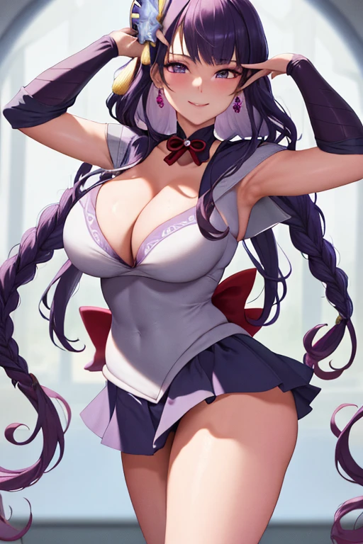 masterpiece, high definition, best quality, rendered art, well formed hands, fingers and body, 1 woman, solo, Raiden Shogun, adult, grown up, wearing Sailor Moon's outfit, big breasted, cleavage, full body, sexy sailor senshi uniform, short blue skirt, red boots, gorgeous hips, legs and thighs, white elbow gloves, sailor collar, tiara, earrings, dancing seductively and erotically, shaking her body, panties peek , smiling joyfully and brightly, looking at the viewer, flirting, beach environment