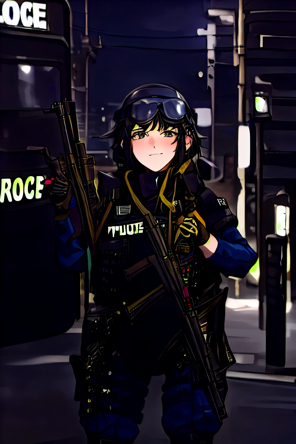 realistic,photo, masterpiece, best quality,,(1girl),short messy black hair, grey eyes, ((crossdressing)), sly smile, ,solo,outdoors,cityscape,ruanyi0299,belt,boots,bulletproof vest,police uniform,holding weapon,h&k mp5,submachine gun,(cowboy shot:1.3),standing,