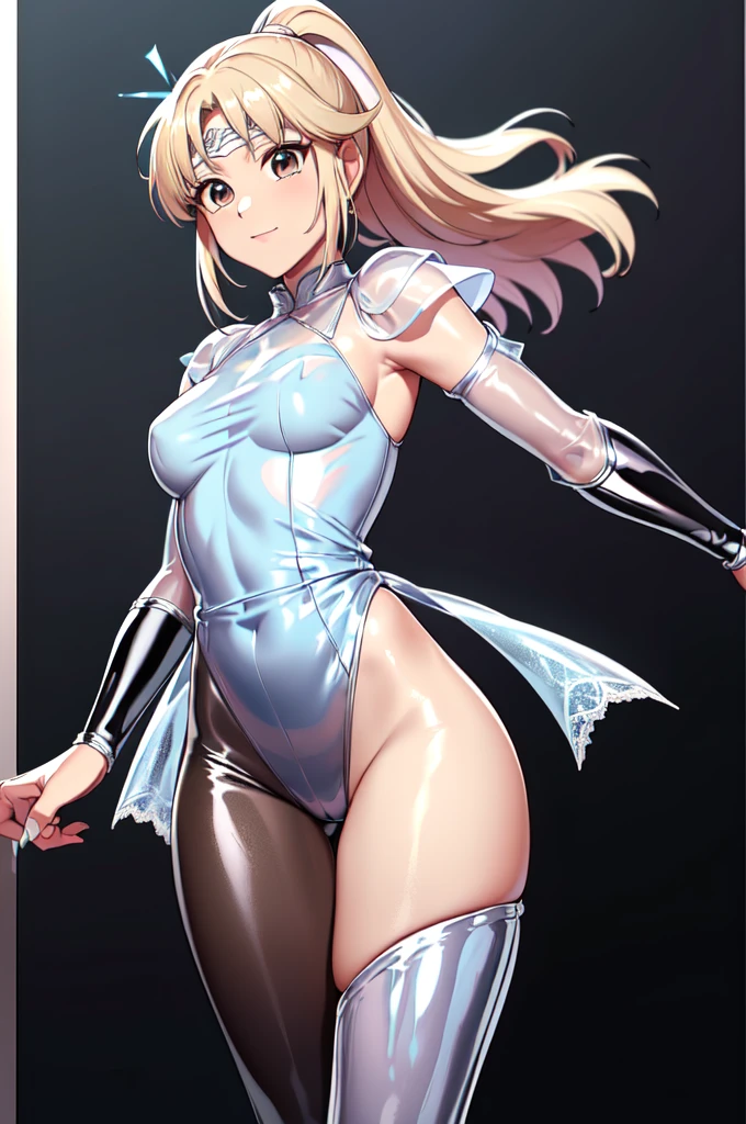 1girl,solo,(clergy:1.4),cowboy shot,standard height,standing,(blonde hair:1.4),long hair,ponytail,parted bangs, circlet, headband,(brown eyes:1.4),(beautiful fingers:1.6),(perfect anatomy:1.4),(arms_behind_back:1.6),(cold_shoulder:1.2),(pastel blue lace glossy silk lamé priest clothes:1.6),(dress:1.2),(latex luster shiny glossy metallic:1.4),(shiny_clothes:1.4),small breasts,masterpiece,best quality,(Ultra high definition eyes:1.2),8k,(Beautiful detailed eyes:1.2),(Fine and beautiful eyes:1.2),(pretty eyes:1.2),finely detail,extremely CG, absurdres,high resolution,illustration,Detailed and beautiful outlines,finely detail,high resolution,(colorful refraction:1.4,Increase saturation:1.2),beautiful lighting,dynamic lighting,closed room,black background,simple background, smile,looking at viewer,(white Clear PVC sheets sleeves:1.4),(sheer sleeves:1.4),(see-through sleeves:1.4),(wide sleeves:1.2),(white thigh boots)