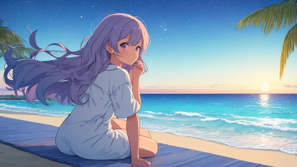 "A lo-fi music anime illustration of a girl sitting on the beach at night, gazing at a crackling bonfire. The moon is reflected on the surface of the sea, creating a serene and tranquil atmosphere. The girl is relaxed, with a gentle breeze flowing through her hair, capturing the slow passage of time."