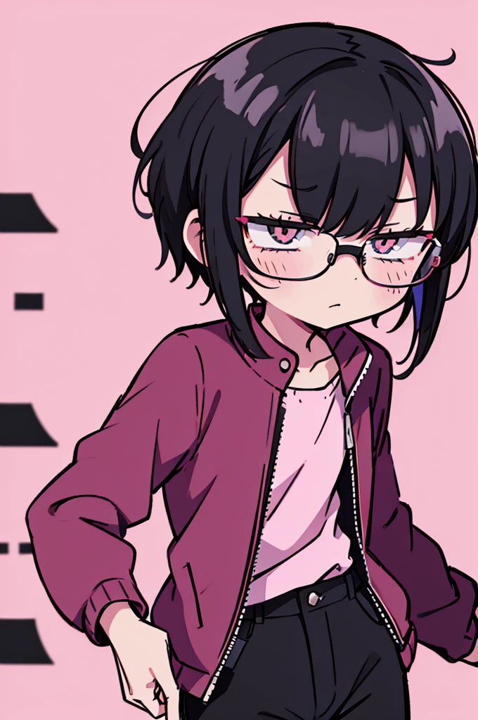 black pants, Sharp image, man, Black hair with pink ends, wearing a pink jacket. , has a dull, bored face, wears round glasses, has short, neat hair,