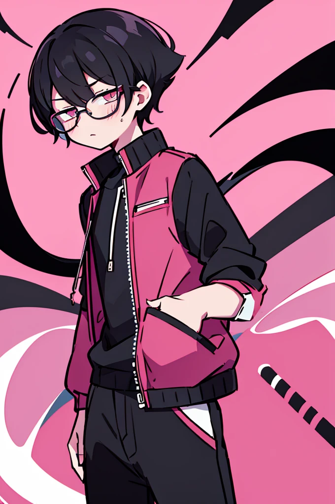 black pants, Sharp image, man, Black hair with pink ends, wearing a pink jacket. , has a dull, bored face, wears round glasses, has short, neat hair,