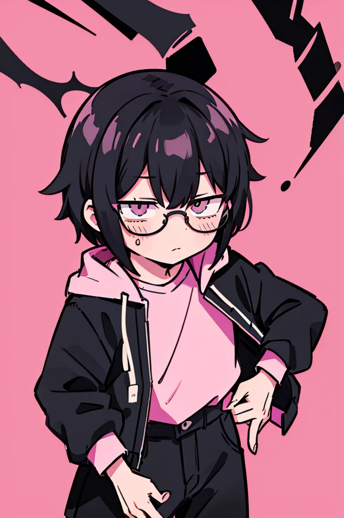 black pants, Sharp image, man, Black hair with pink ends, wearing a pink jacket. , has a dull, bored face, wears round glasses, has short, neat hair,