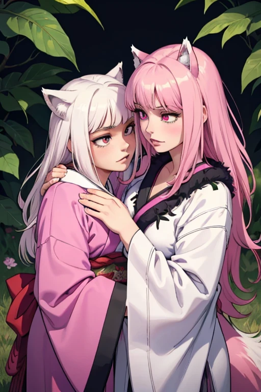 A young pink haired wolf woman with violet eyes and pink wolf ears and a pink wolf tail in a prettty kimono is hugging a young white haired wolf woman with green eyes and white wolf ears and a white wolf tail in a prettty kimono