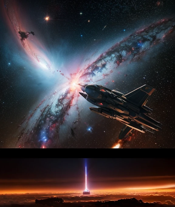 high quality, detailed, Galactic War, Dogfight,A Super huge space battleship like a SF movie,Great Galaxies and Nebulae and Superstars,