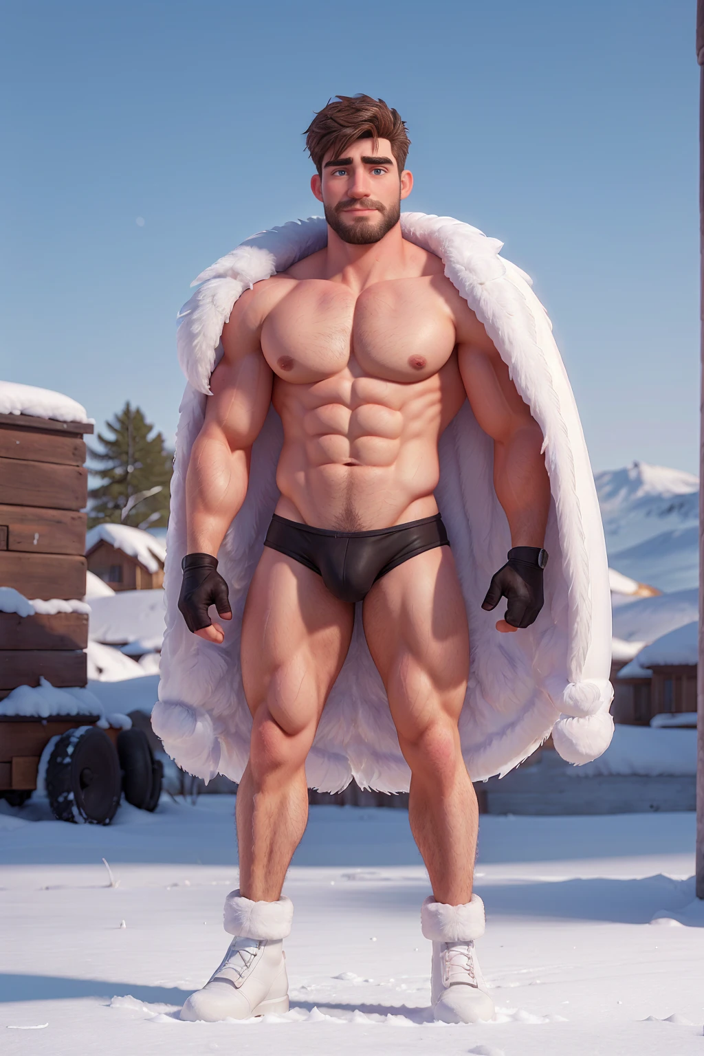 1 stocky shirtless Russian gay is standing with his legs and thighs opened and spread in the snow with wide landscape of snowfield , 1 man only, no other people, iceblocks and icelake and snow scene, he is wearing white fur gloves, fur woolen hat to cover snow , moustache, facial hair, white transparent thong bikini highlighting big bulge and big butts, Wear knee-length fur shoes.,masculine and stocky, shirtless, handsome face with detailed facial features, shirtless and wearing nothing, correct accurate male anatomy,skinny boy body, muscle body,sport body, big muscle, Handsome face, wet oiled waxy shiny greasy muscles and skin, flawless white skin, masterpiece, professional DSLR shoot and retouching, illustration art, shadow, highlight, sharpness, depth of field, dessert and Russian snow field environment, sexy, hot gay erotic illustration art, sexy and hot