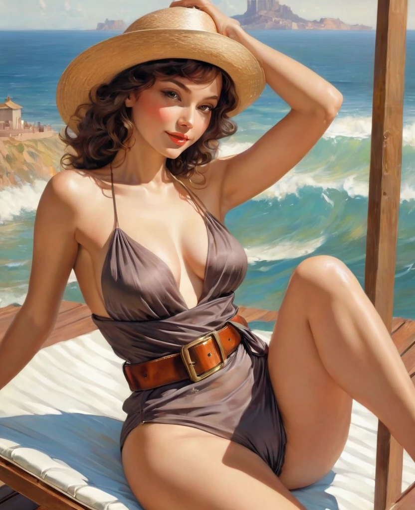(masterpiece oil painting), 1 молодая худенькая девушка сидит на шезлонге в позе йоги и заmountainsает на солнце (in a chic hat:1.2), Half , (only in panti she (lounging on a sun lounger:1.4), thin and slender chocolate-colored mulatto, a beautiful transparent peignoir is draped over the shoulders in the middle (not tied with a belt:1.8), one leg is bent at the knee and the knee is moved to the side, (pussy pubic visible:1.9), Smile on his face, ethereal and beautiful Hugo Boss model from the 1940s.., Beautiful painting with a very detailed face by Alphonse Mucha.., Craig Mullins, Greg Rutkowski, Magali Villanueva, (The most beautiful picture), the whole body is visible from the knees and above, sexy pose, ideal y shape, (I'm looking from the floor below:1.3), on the balcony against the backdrop of the beautiful seashore, mountains