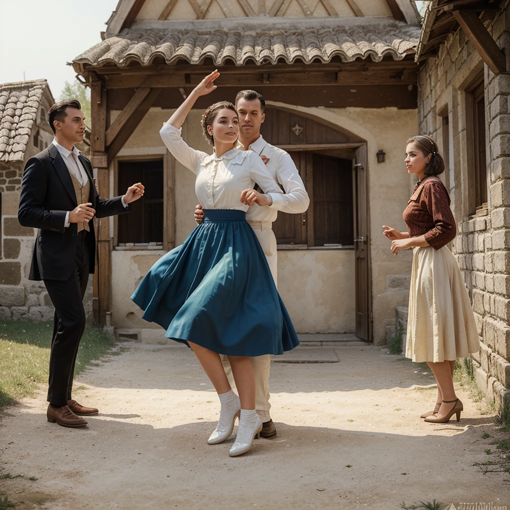 watercolor drawing in Retro-Look, rural saxones village in Transilvania with fortificated church of bazna, man and woman dance, full body shot, in the style of classic Americana, white background, Andrew Loomis style, Masterpiece work of art,