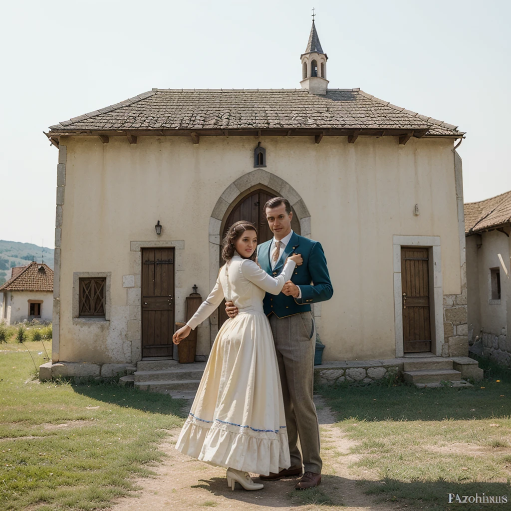 watercolor drawing in Retro-Look, rural saxones village in Transilvania with fortificated church of bazna, man and woman dance, full body shot, in the style of classic Americana, white background, Andrew Loomis style, Masterpiece work of art, 