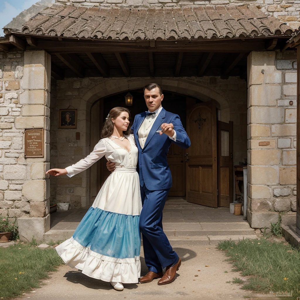watercolor drawing in Retro-Look, rural saxones village in Transilvania with fortificated church of bazna, man and woman dance, full body shot, in the style of classic Americana, white background, Andrew Loomis style, Masterpiece work of art, 