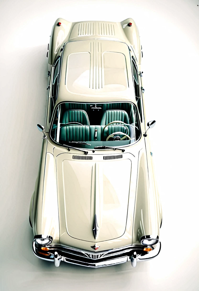 retro car, on white background, high-angle photo, soft light, 3d render, wide angle shooting, raw