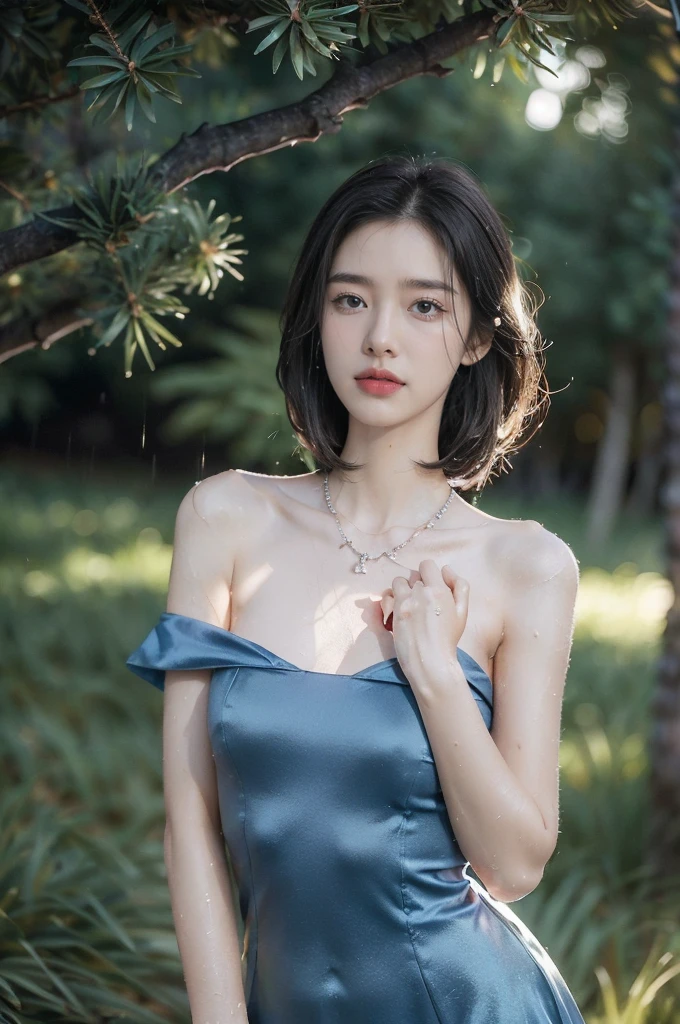 (((best quality))),(((ultra detailed))),(((masterpiece))),illustration,((1 beautiful girl,solo)),((slim,thin,flat chest)),(shoulder length straight bob hair:1.2),flowing hair,fair skin,(shiny skin:1.3),detailed eyes,laughing,(blue dress:1.3),delicate necklace,grass,dewdropletts,trees,bird chirping,serenity,gratitude,awe,wonders of nature,peace,contentment,magnificent world,summer,(pitch-dark dawn:1.5),(night scene:1.3),((upper body,from front)),after rain,(wet:1.3),standing,on the path,on the mountain,confident gaze,elegant posture,mysterious atmosphere,solemn mood,dawn approaching,detailed decorations,(sunrise:1.3),(cloudy sky:1.2),rainbow,(Rural Landscape:1.2)