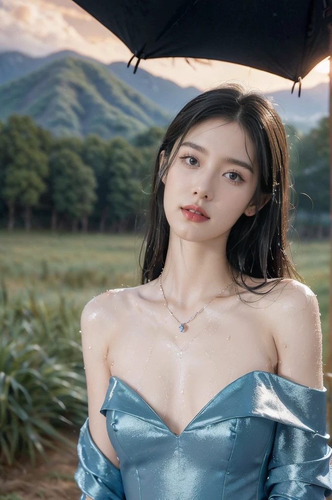 (((best quality))),(((ultra detailed))),(((masterpiece))),illustration,((1 beautiful girl,solo)),((slim,thin,flat chest)),(shoulder length straight bob hair:1.2),flowing hair,fair skin,(shiny skin:1.3),sparkling eyes,laughing,(halter blue sundress:1.3),delicate necklace,grass,dewdropletts,trees,bird chirping,serenity,gratitude,awe,wonders of nature,peace,contentment,magnificent world,summer,(pitch-dark dawn:1.5),(night scene:1.3),upper body,from front,after rain,(wet:1.3),standing,on the path,confident gaze,elegant posture,mysterious atmosphere,solemn mood,dawn approaching,detailed decorations,(sunrise:1.3),rainbow,(Rural Landscape:1.2)