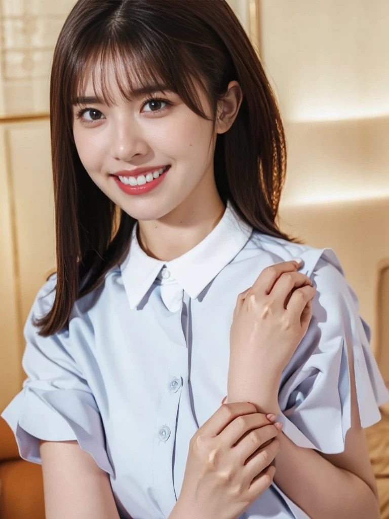raw photo, 1girl, medium breast, collared blouse, light smile, detailed skin, pore, simple background, photorealistic, masterpiece, best quality, anatomically correct