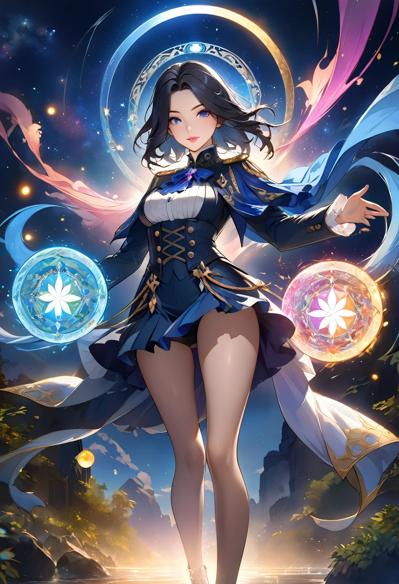 8K resolution, masterpiece, Highest quality, Award-winning works, unrealistic, From above, sole sexy lady, Genshin Impact: clorinde, healthy shaped body, 18 years old, 158cm tall, huge firm bouncing busts,, black short hair, Break, Mysterious blue eyes, Standard nose, Eyeliner, pink lips, sexy long legs, Clear skin, Genshin Impact clorinde's costume, royal coat of arms, elegant, Very detailed, Digital Painting, artステーション, コンセプトart, Smooth, Sharp focus, shape, artジャム、Greg Rutkowski、Alphonse Mucha、William Adolphe Bouguereau、art:Stephanie Law , Royal Jewel, nature, Symmetric, Greg Rutkowski, Charlie Bowwater, Unreal 5, Surreal, Dynamic Lighting, ファンタジーart, Complex colors, Colorful magic circle, flash, dynamic sexy poses, A kind smile, Mysterious Background, Aura, A gentle gaze, BREAK, Small faint lights and flying fireflies, night, lanthanum, 山の頂From above下界を見下ろす, Starry Sky, milky way, nebula, shooting star