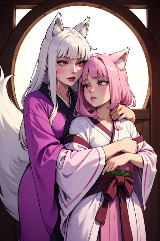 A young pink haired wolf woman with violet eyes and pink wolf ears and a pink wolf tail in a prettty kimono is hugging a young white haired wolf woman with green eyes and white wolf ears and a white wolf tail in a prettty kimono
