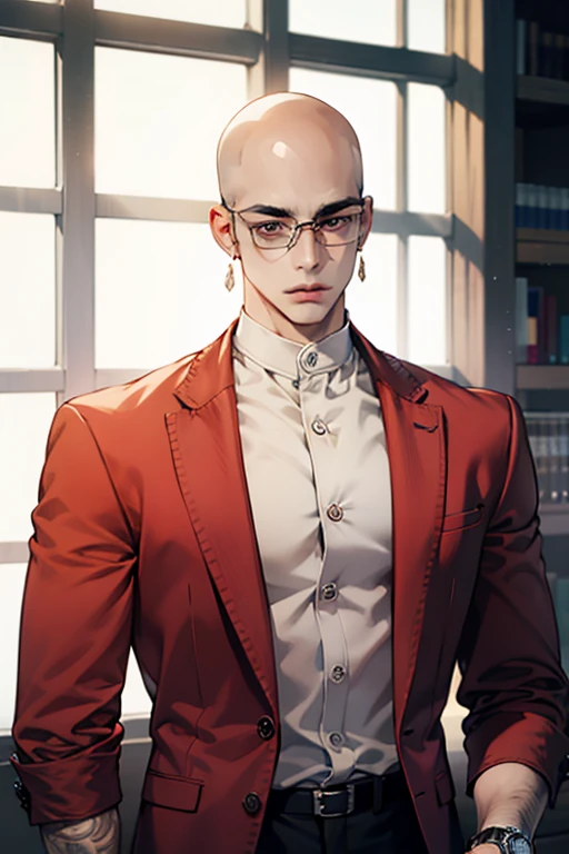 high resolution,Baldhead,male,Red pupil,Glasses,minimalist style earrings,Wear a watch on your left hand,Exposes chest muscles,Tattoo,suit,walk