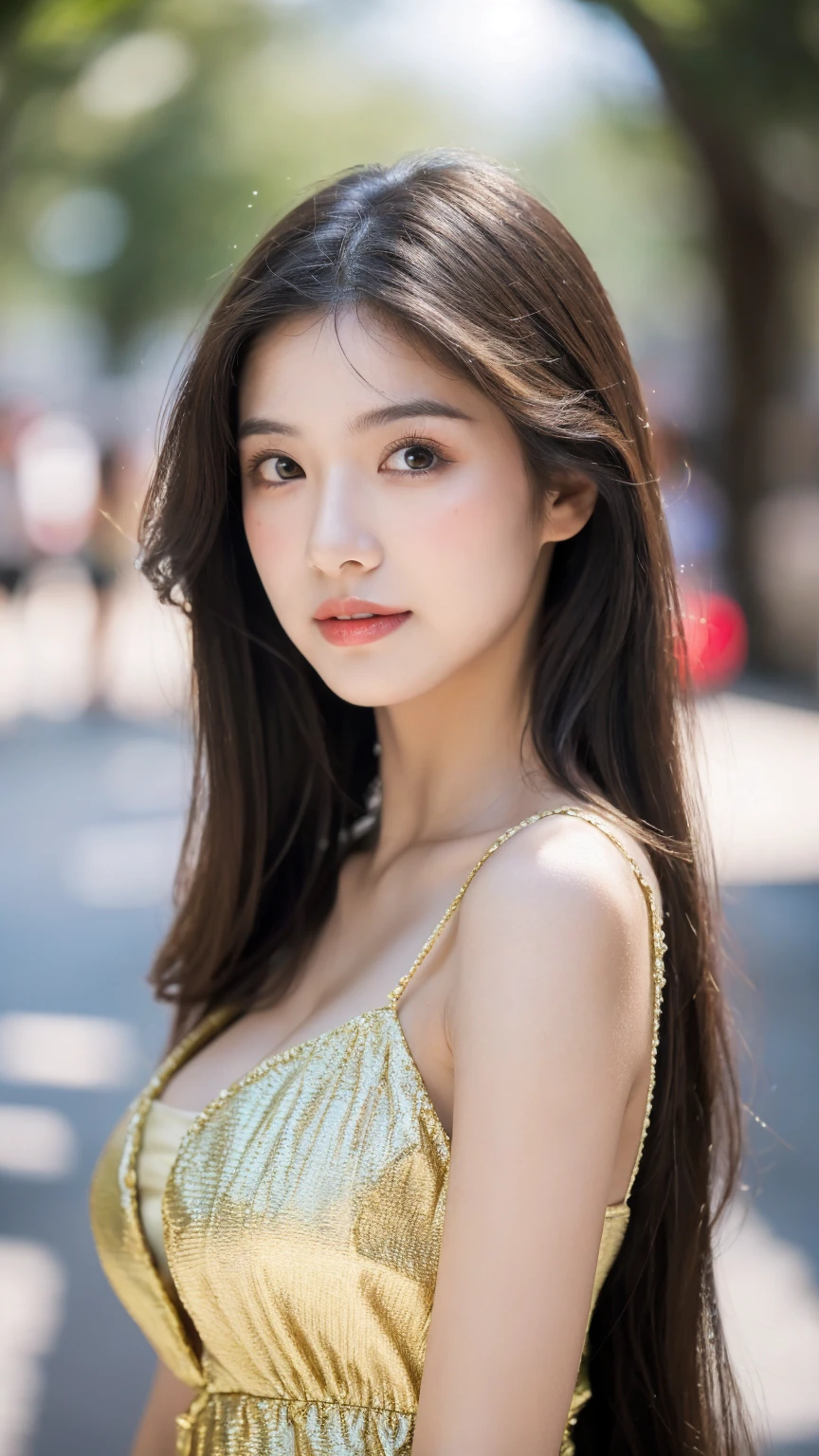 ((Best quality, 8K, masterpiece:1.3)),1girl,18 years old,Asian,Real texture:1.3,(Background blur:1.1),Gorgeous long dress,Tall and slender figure:1.2,(Hot summer weather),(street:1.3),Highly detailed face and skin textures,Exquisite eyes,Long eyelashes,Double eyelids,Skin Whitening,happy,Various postures,Big breasts