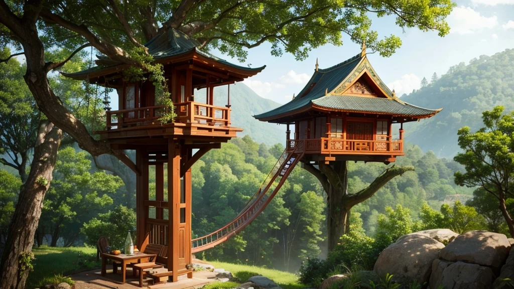Elven tree house with a mixture of Asian aesthetic