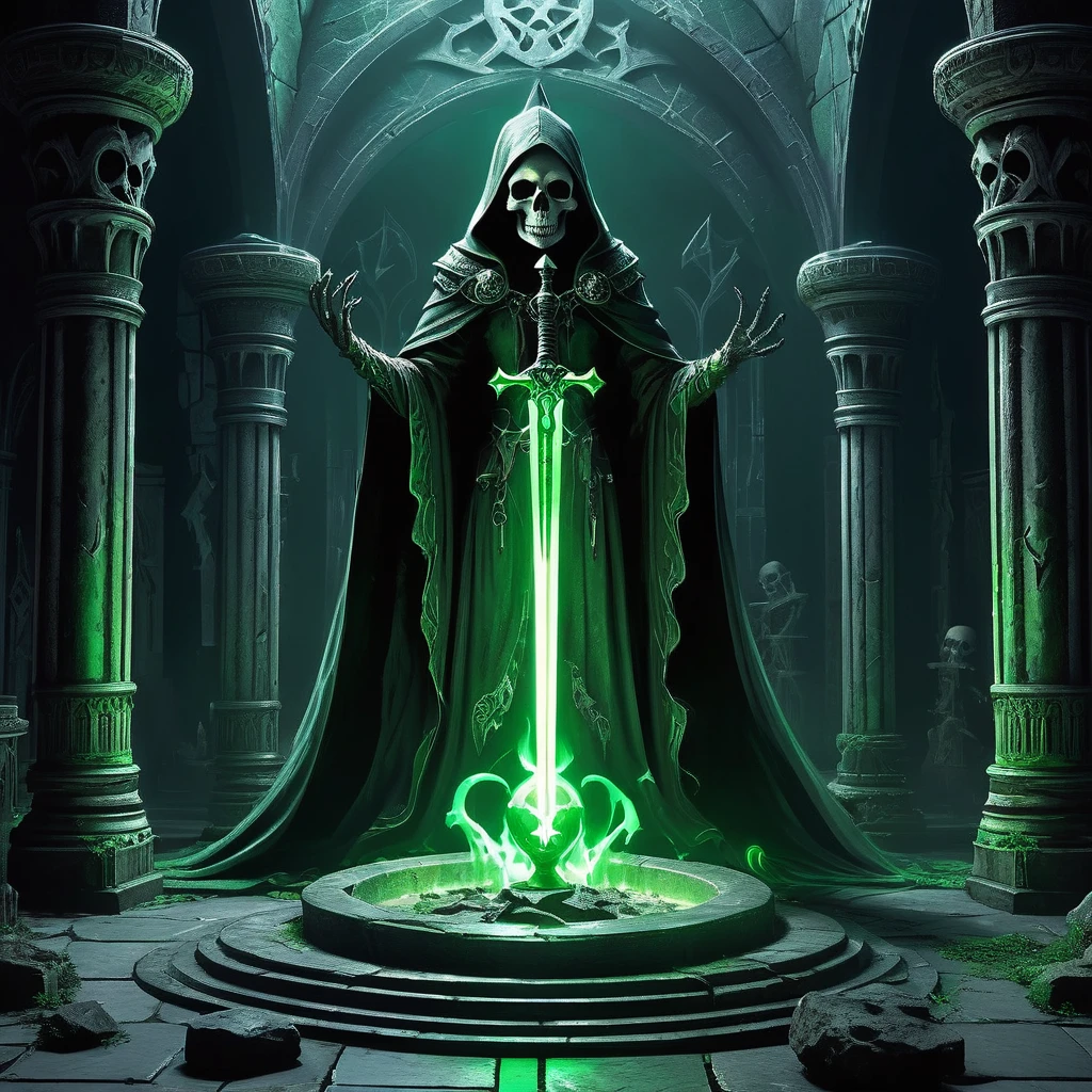 Imagine a medieval fantasy setting where a necromancer's weapon rests ominously on a stone altar within a dark, shadowy crypt. The weapon, a sinister staff, is forged from twisted, blackened wood and topped with a skull that glows faintly with an eerie green light. Dark runes carved along the staff's length pulse with necromantic energy, and wisps of shadowy mist curl around it, hinting at the dark magic it commands. Surrounding the altar, the crypt is filled with remnants of ancient rituals: flickering black candles, arcane symbols etched into the floor, and weathered tombs lining the walls. The air is thick with the scent of decay and the whisper of restless spirits. Capture the malevolent power and dark allure of this necromancer's staff, a weapon of fear and sorcery in the heart of a medieval fantasy world."