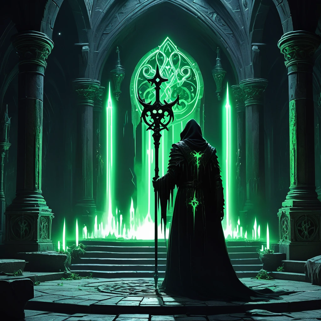 Imagine a medieval fantasy setting where a necromancer's weapon rests ominously on a stone altar within a dark, shadowy crypt. The weapon, a sinister staff, is forged from twisted, blackened wood and topped with a skull that glows faintly with an eerie green light. Dark runes carved along the staff's length pulse with necromantic energy, and wisps of shadowy mist curl around it, hinting at the dark magic it commands. Surrounding the altar, the crypt is filled with remnants of ancient rituals: flickering black candles, arcane symbols etched into the floor, and weathered tombs lining the walls. The air is thick with the scent of decay and the whisper of restless spirits. Capture the malevolent power and dark allure of this necromancer's staff, a weapon of fear and sorcery in the heart of a medieval fantasy world."