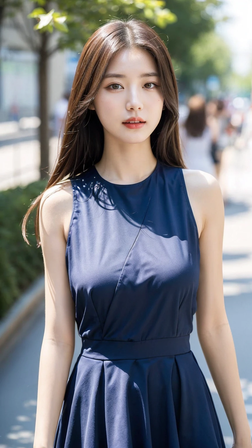 ((Best quality, 8K, masterpiece:1.3))，1girl，18 years old，Asian，Real texture:1.3，(Background blur:1.3)，Gorgeous long dress，Tall and slender figure:1.2，(Hot summer weather)，（street:1.3），Highly detailed face and skin textures，Exquisite eyes，Long eyelashes，Double eyelids，Skin Whitening，happy，Big breasts