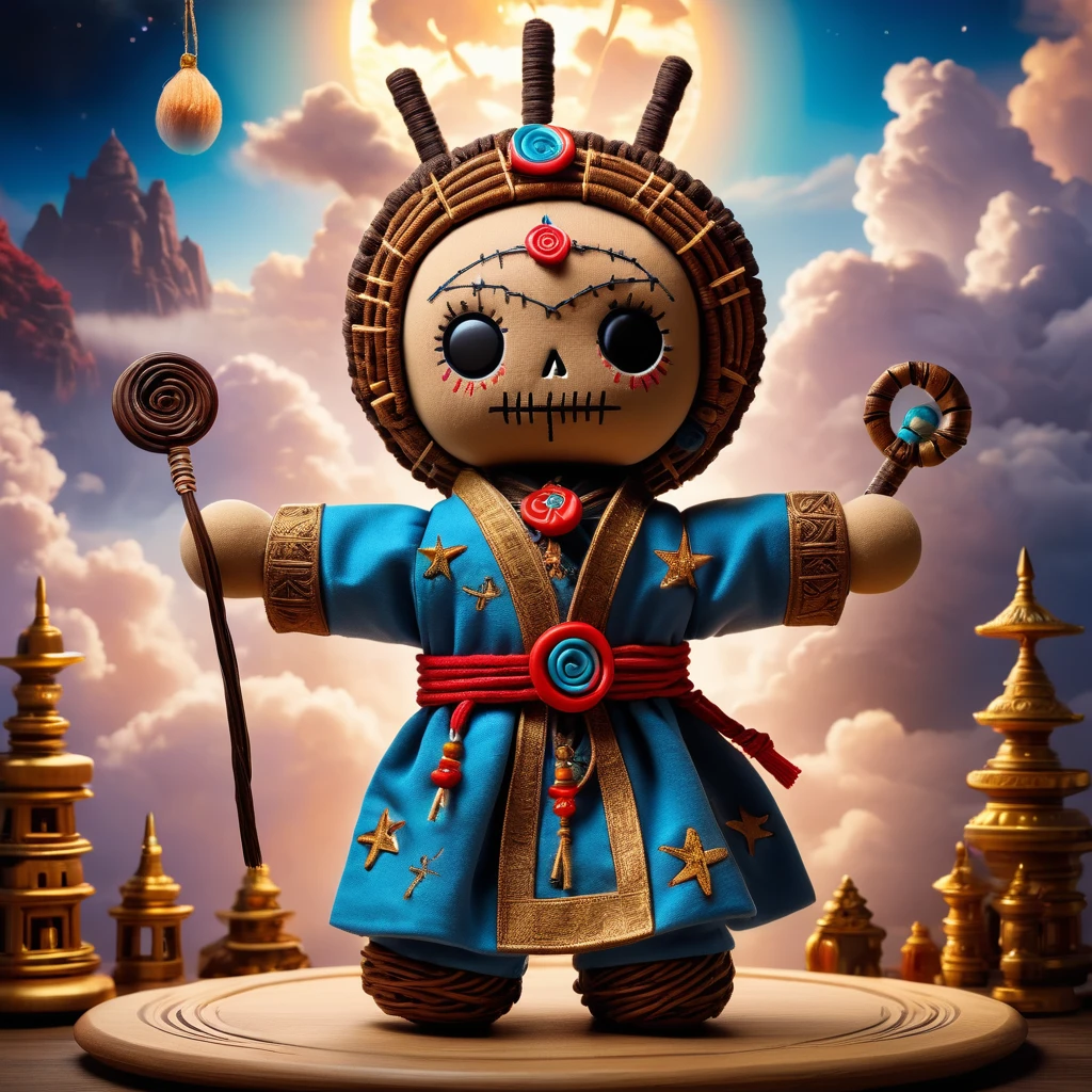 (knitted toy voodoo doll:1.6), (Voodoo Sky Monk:1.3), (clothes monk's robe with heavenly symbols and halo:1.0), (in the background a heavenly temple with clouds and glowing altars:1.3), best quality, masterpiece, detailed soft oil painting, detailed background, dramatic cinematic lighting, soft edge lighting, professional, dramatic lighting, hard edge lighting, ultra quality, 4k, masterpiece, best quality, 8k, ultra high definition, high resolution, extremely detailed
