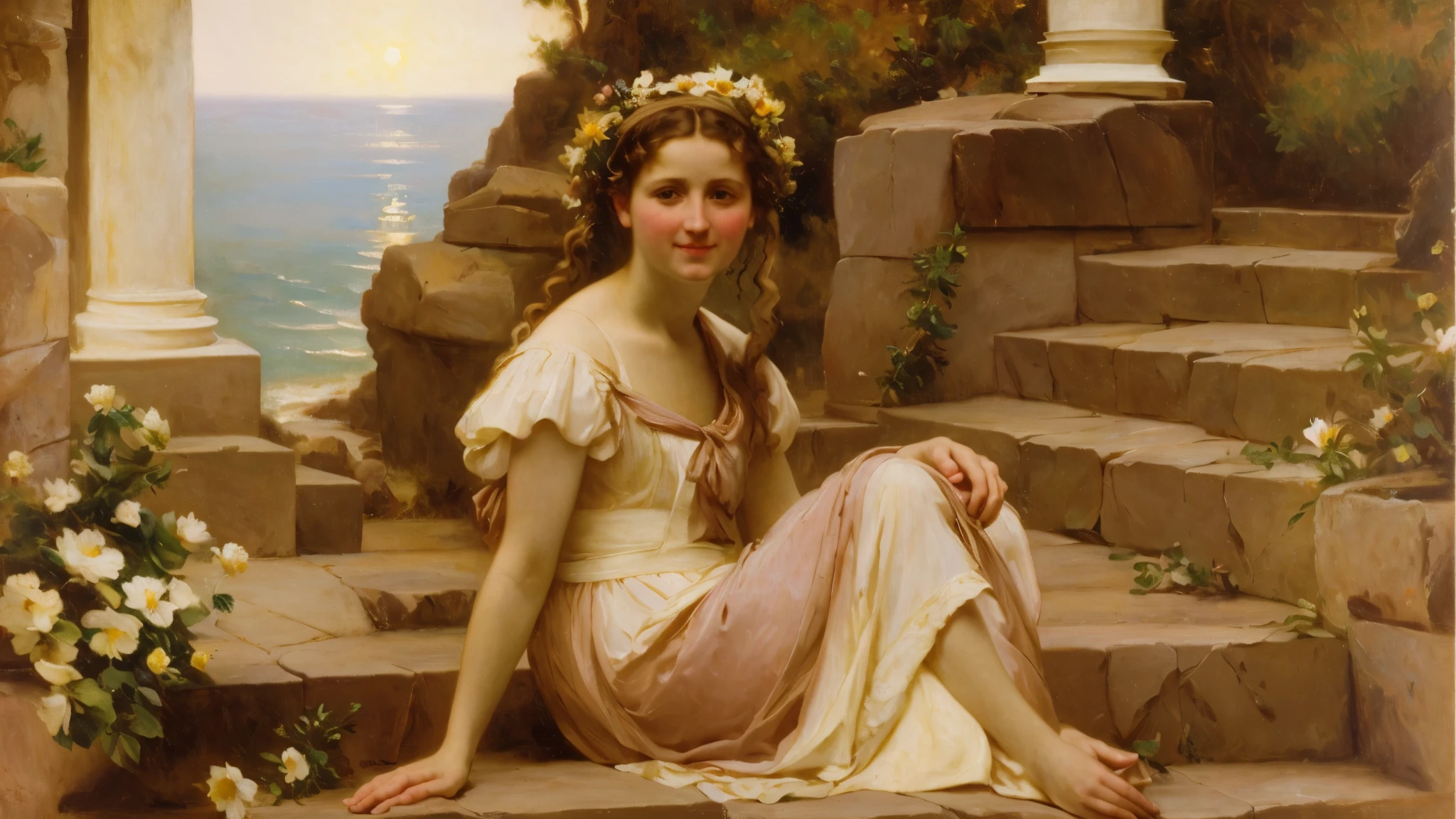 oil on canvas, a beautiful young woman with resemblance to Mckenna Grace sitting , on stone steps of an old lighthouse, smiling and looking at the camera, landscape of an epic afternoon , flowers adorn his head, natural lighting, style of william-adolphe bouguereau