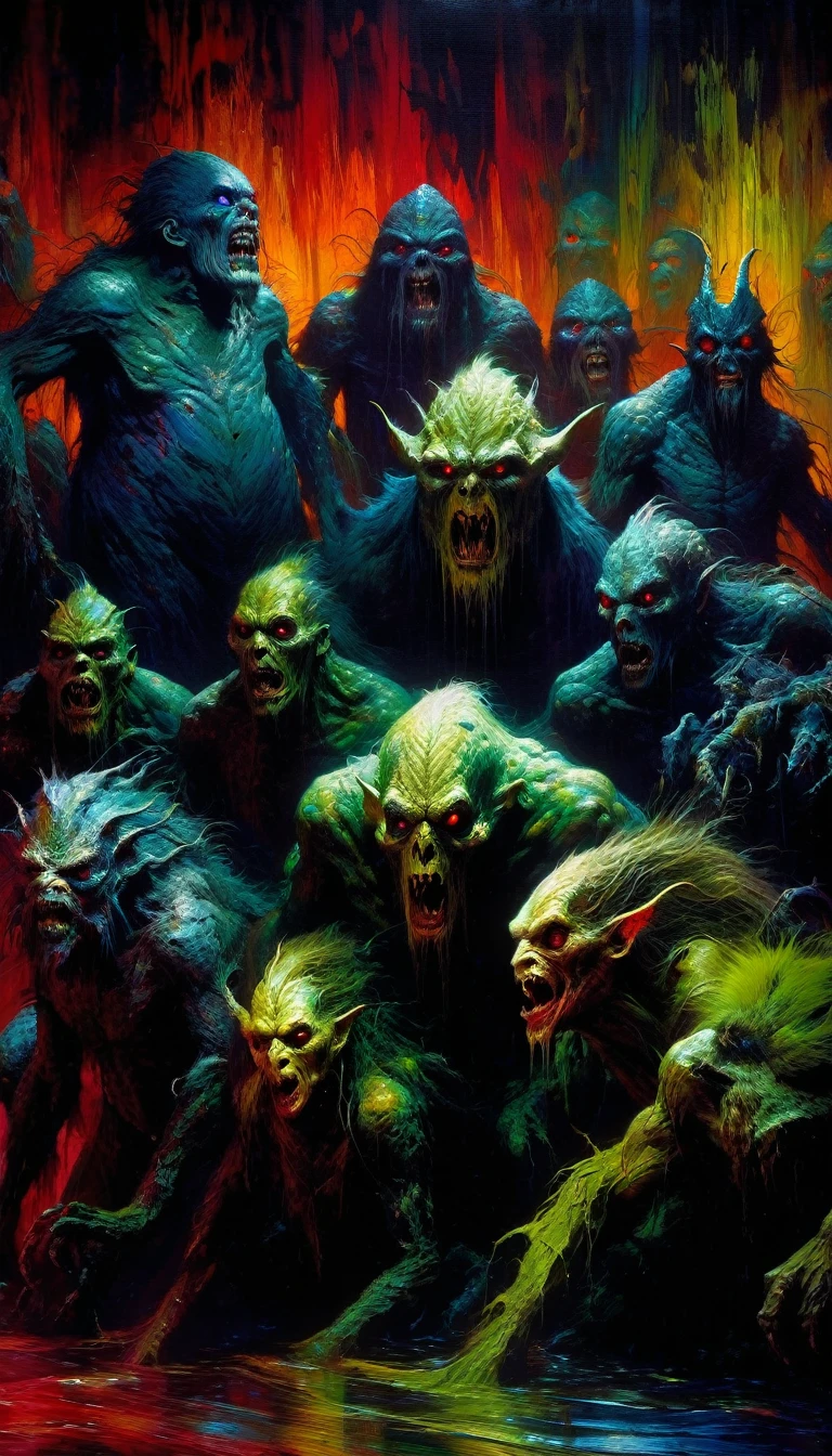 a group of terrifying monsters, monstrous creatures, humanoid figures with grotesque features, grim and unsettling, oil painting, dark and moody atmosphere, dramatic lighting, complex and abstract compositions, bold brushstrokes, vibrant colors, chiaroscuro, surreal and nightmarish, inspired by the art of Bill Sienkiewicz, cinematic perspective, high contrast, intense textures, (best quality,4k,8k,highres,masterpiece:1.2),ultra-detailed,(realistic,photorealistic,photo-realistic:1.37),HDR,UHD,studio lighting,ultra-fine painting,sharp focus,physically-based rendering,extreme detail description,professional,vivid colors,bokeh