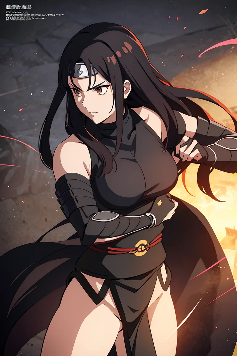 A shadowy, ethereal female ninja from the Naruto world is depicted with long flowing black hair and deep brown eyes, poised in a striking standing pose. Clad in light armor, she embodies the iconic Masashi Kishimoto style. This stunning image, reminiscent of a captivating painting, showcases intricate details such as delicate armor embellishments and the ninja's intense gaze. The high-quality rendering captures the essence of the character with unparalleled precision, making it a mesmerizing piece of art.