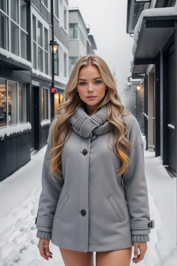 professional portrait photograph of a gorgeous Norwegian girl in winter clothing with long wavy blonde hair, sultry flirty look, gorgeous symmetrical face, cute natural makeup, wearing elegant warm winter fashion clothing, ((standing outside in snowy city street)), stunning modern urban environment, ultra realistic, concept art, elegant, highly detailed, intricate, sharp focus, depth of field, f/1. 8, 85mm, medium shot, mid shot, (((professionally color graded))), bright soft diffused light, (volumetric fog), trending on instagram, hdr 4k, 8k
