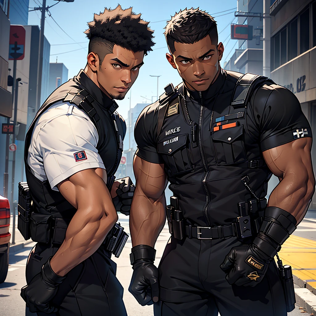 short hair and black skin, male police officer with Afro-descendant features, short hair combed back, light brown eyes, fight scar on face, defined arm muscles, wearing gloves, with black military vest and dark military pants, male police officer, in a pose of fight