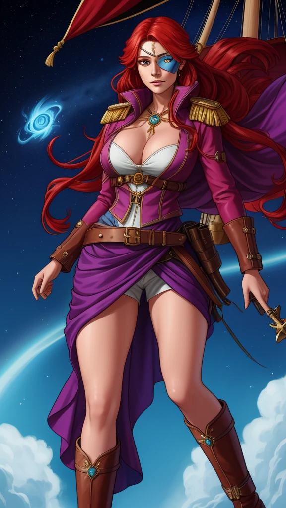 Imagine a dynamic portrait of Captain Alexandra Nelly, a fearless sky pirate hunter with a vibrant and complex background. She stands confidently, embodying both her human and mystical air spirit heritage. Her bright red hair, infused with streaks of purple, flows freely, symbolizing her wild spirit and connection to the sky. Her facial expression is determined and fierce, marked by a significant slash across one side of her face, a remnant of a pirate attack. This injury has left her with a unique eye that glows with a soft blue magic, a direct link to her air spirit mother. Though she often covers this magical eye with an eye patch, for this portrait, we see the glow peeking out, hinting at her ability to see magic directly. She's dressed in attire befitting her role as a captain who hunts pirates and frees slaves, blending practicality with the flair of high adventure. Her outfit is a mix of rugged leather and flowing fabrics, suggesting both her toughness and her connection to the air. Around her, the hint of a magical, ethereal ship suggests her quest to find her father and the living ship named after her mother, highlighting her deep personal stakes in her adventures across the sky islands full body shot