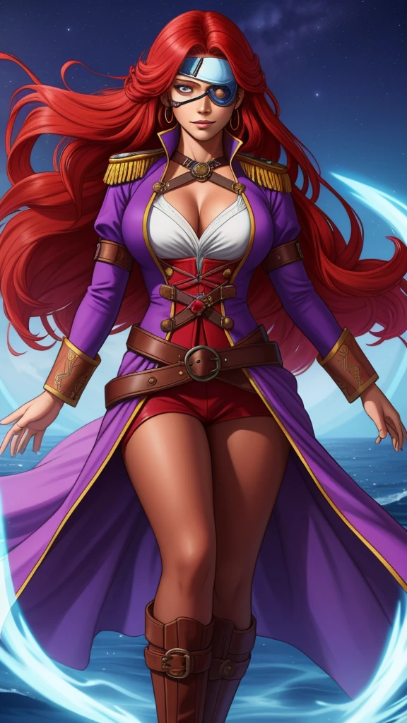 Imagine a dynamic portrait of Captain Alexandra Nelly, a fearless sky pirate hunter with a vibrant and complex background. She stands confidently, embodying both her human and mystical air spirit heritage. Her bright red hair, infused with streaks of purple, flows freely, symbolizing her wild spirit and connection to the sky. Her facial expression is determined and fierce, marked by a significant slash across one side of her face, a remnant of a pirate attack. This injury has left her with a unique eye that glows with a soft blue magic, a direct link to her air spirit mother. Though she often covers this magical eye with an eye patch, for this portrait, we see the glow peeking out, hinting at her ability to see magic directly. She's dressed in attire befitting her role as a captain who hunts pirates and frees slaves, blending practicality with the flair of high adventure. Her outfit is a mix of rugged leather and flowing fabrics, suggesting both her toughness and her connection to the air. Around her, the hint of a magical, ethereal ship suggests her quest to find her father and the living ship named after her mother, highlighting her deep personal stakes in her adventures across the sky islands full body shot