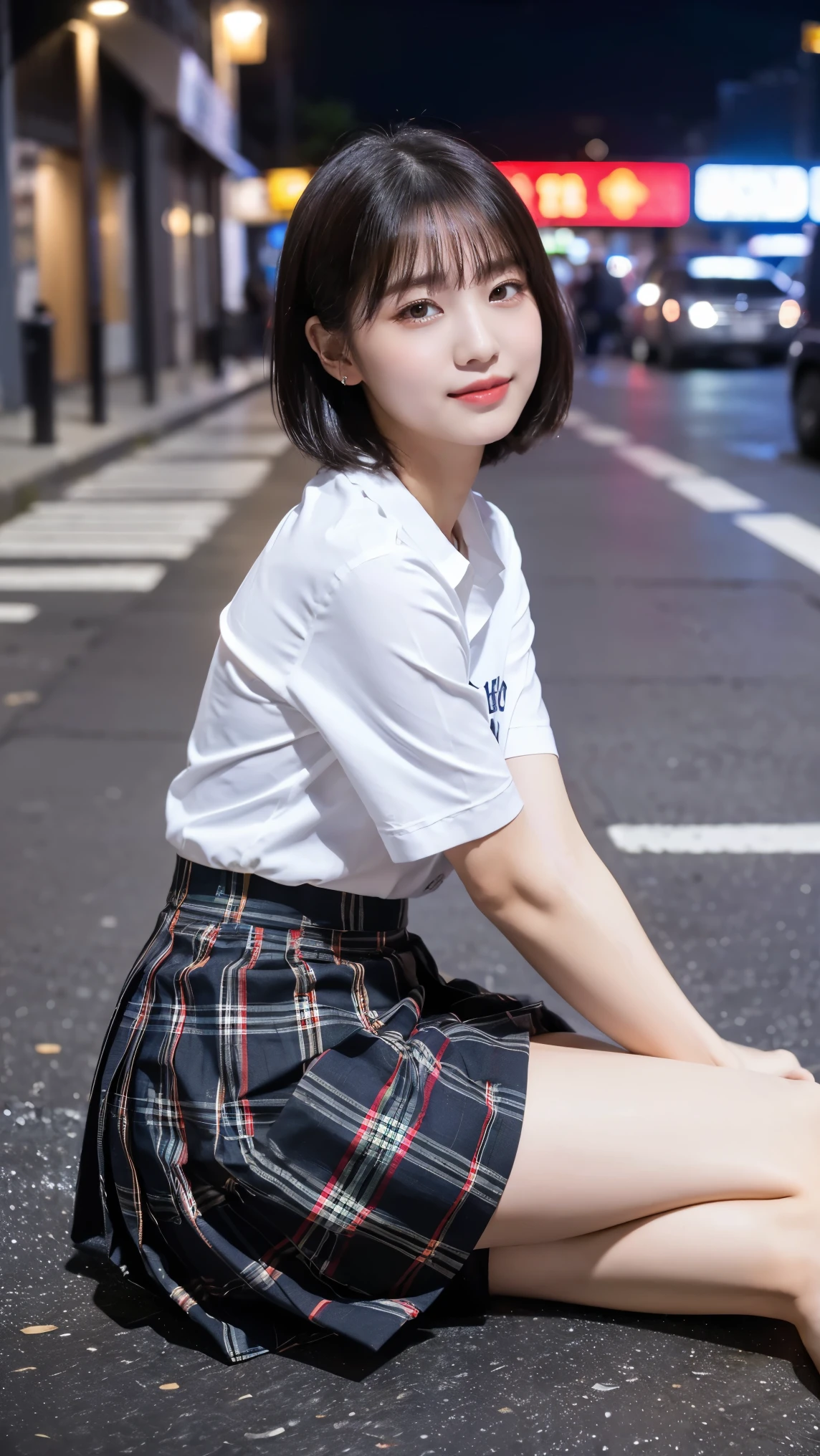 (8k), (highest quality: 1.2), (Realistic), (Realistic: 1.37), Ultra-high resolution, (1 girl), cute, A shy smile, Mouth closed,Red cheeks with embarrassment, Beautiful details, Beautiful Nose, Black short bob hair, bangs,Giant Dulcefo,University Uniforms,(Simple white Y-shirt:1.3),(Pleated skirt:1.2),(The pattern of the skirt is a tartan check pattern:1.3),(Sitting:1), Sitting on the ground in the city at night,(closed up shiny legs:1.2),(From the side),Bring your face closer