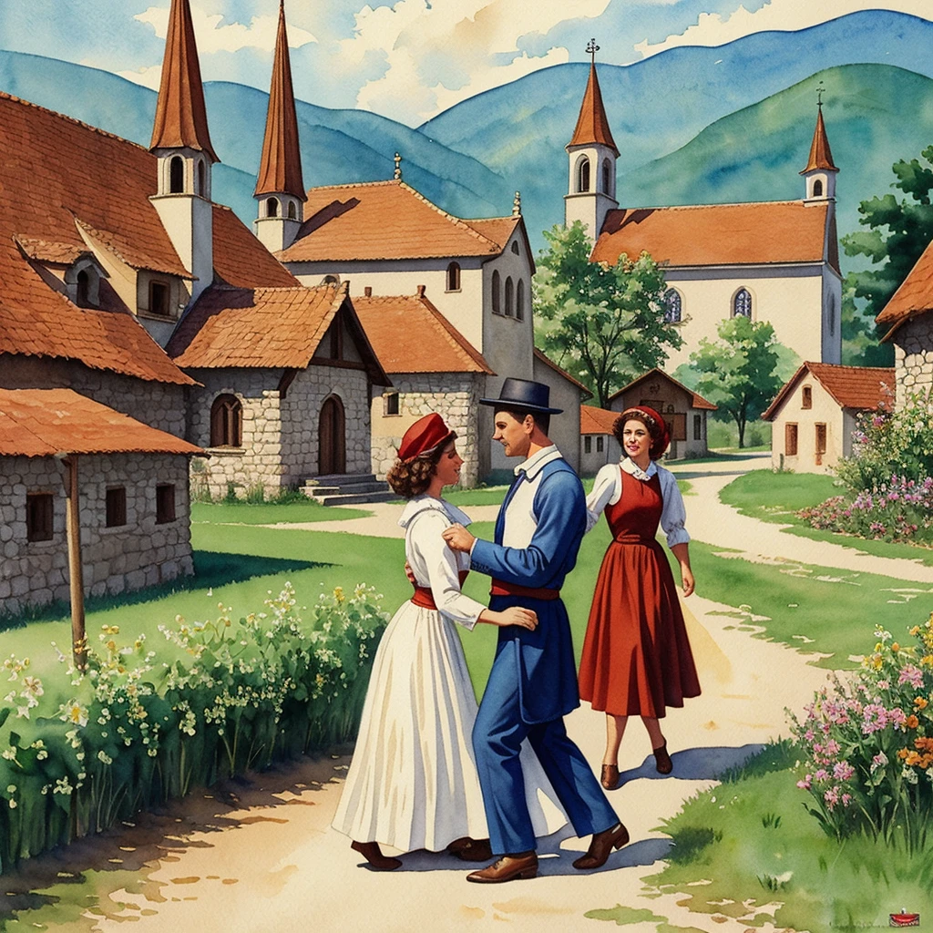 watercolor drawing in Retro-Look, rural saxones village in Transilvania with fortificated church of bazna, man and woman dance, full body shot, in the style of classic Americana, white background, Andrew Loomis style, Masterpiece work of art, 