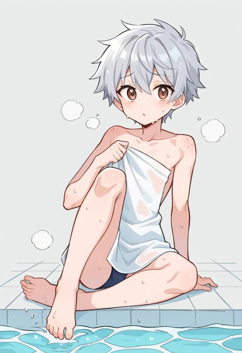 ((cute) | (Moe)| (sweet) | (Fresh)),((Main platform)|( Small Fresh meat)),((1 boy)|( 1 dog))/(Japan School Swimwear)| ((reFreshing)| (Neat)),((defect)|( freckles)),((4K)|( Ultra HD)),((Silver)|( Short Silver hair) | (Short white hair), Brown eyes, (Messy|Laughter) Hairstyle.NSFW,Full Art,Sweat,The background is the pool,Wipe your body with a towel