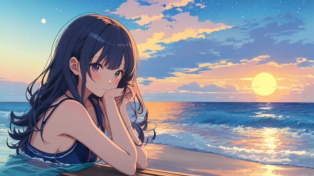Lo-fi music anime illustration of a girl sitting on the beach at night watching a bonfire。The moon is reflected on the surface of the sea、It creates a calm and quiet atmosphere。The girl is relaxing、A gentle breeze makes me feel like time is passing slowly as my hair flutters.