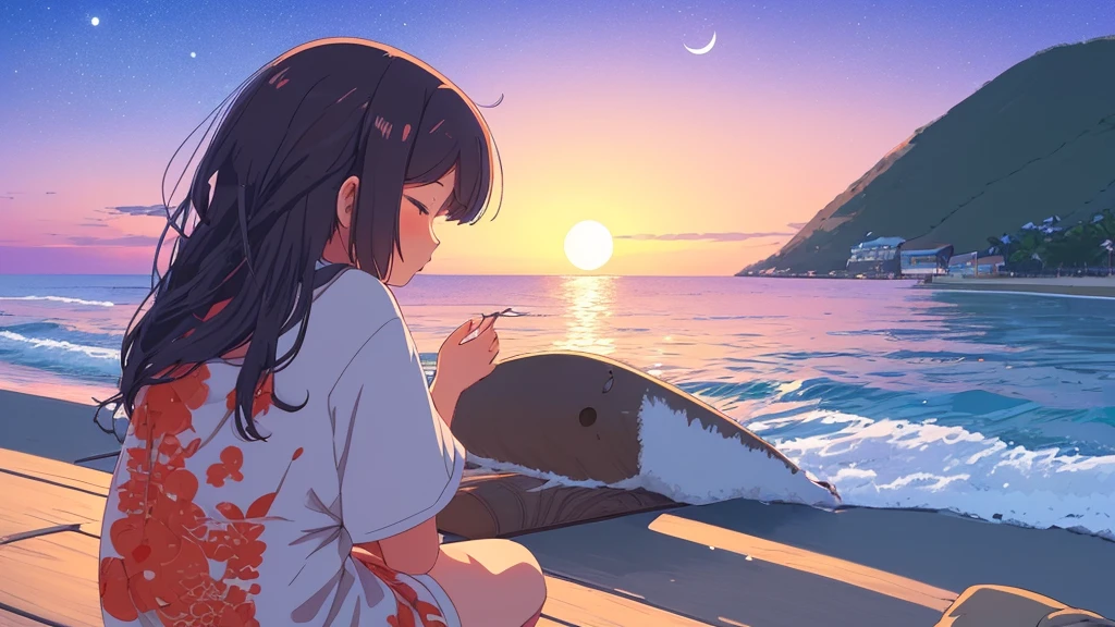 Lo-fi music anime illustration of a girl sitting on the beach at night watching a bonfire。The moon is reflected on the surface of the sea、It creates a calm and quiet atmosphere。The girl is relaxing、A gentle breeze makes me feel like time is passing slowly as my hair flutters.