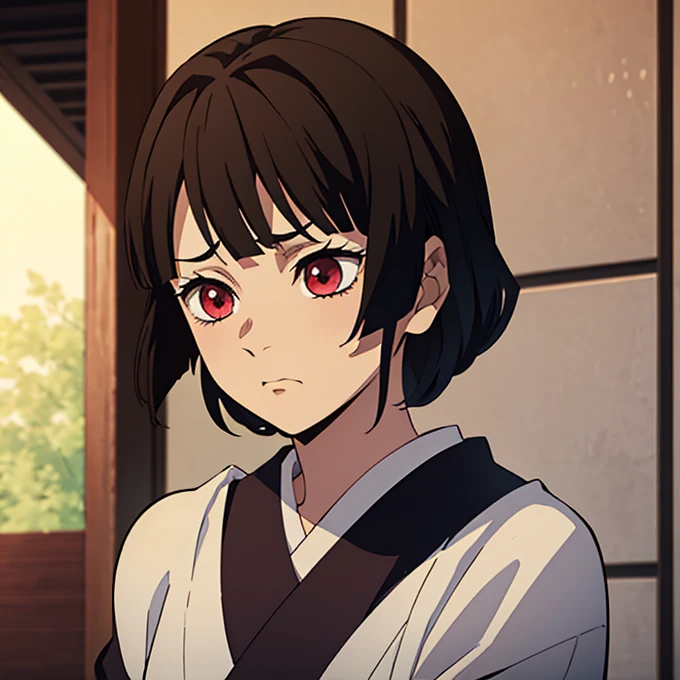 Kimetsu no yaiba style best quality 0.8,beautiful Dark hair. short hair (short above the shoulders) . Young woman with detailed red eyes (red eyes) dull and sad detailed. droopy eyes. warm face, his face has dirt, foreground. katana. (Alone) (in a training camp) (wooden katana) (sunny day) foreground (detailed face) (Women) (famale) embarrassed face, slightly blushing, shy (Shy attitude) trying to hide their face out of embarrassment (trying to cover his face with his forearm out of embarrassment, looking to the side embarrassed