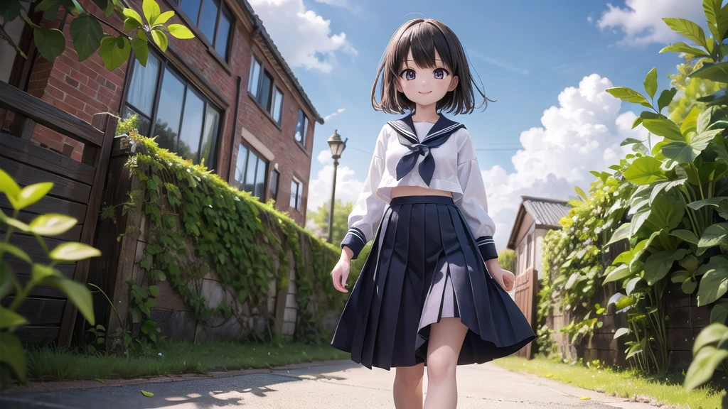 (masterpiece), town, blue sky, One Girl, smile, alone, Sailor suit、Long skirt, Overgrown, petal, plant、Skirt lining、Translucent slip、Nostalgic